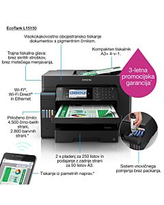 EPSON EcoTank L15150, A4/A3 Obojestransko tiskanje, skeniranje, kopiranje, faks, USB, LAN, USB gostitelj, Wi-Fi, Wi-Fi Direct, AirPrint