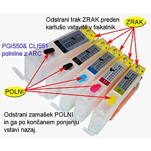 Komplet 5 kartuš Fenix PGI-550 + CLI-551 Bk + C + M + Y z ARC čipom -Polnilnih brez črnila
