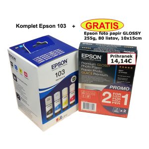 KOMPLET 4x STEKLENIČK EPSON SERIJA 103 + GRATIS PREMIUM GLOSSY "BEST" PHOTO PAPER, 255 G/M2, 80 LISTOV