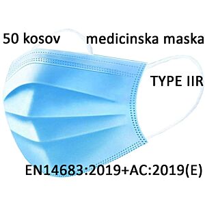 Medicinska kirurška maska za obraz tip IIR troslojna (50 x) - s cerifikatom EN 14683:2019+AC: 2019(E) TYPE IIR, BFE:≥99% - pakirano po 50 kosov