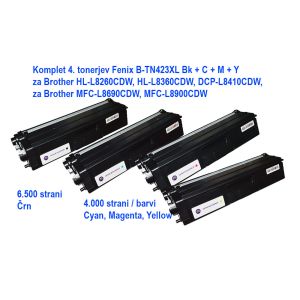 Komplet 4 tonerjev Fenix B-TN423XL Bk + TN423 C + M + Y za Brother HL-L8260CDW, HL-L8360CDW, DCP-L8410CDW, MFC-L8690CDW, MFC-L8900CDW - črna za 6.500 strani, barvna po 4.000 strani