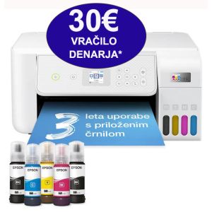 EPSON EcoTank L3286 tiska, kopira, skenira, priklop USB, WiFi, WiFi Direct, AirPrint uporablja črnilo v stekleničkah - v BELI barvi