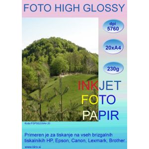 Foto papir Glossy 230g/m2, A4x20 listov, InkJet visoke 5760 resolucije izpisa